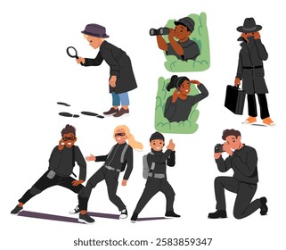 Diverse children cartoon characters playing spy game, imagining as secret agent hiding in ambush, providing privacy and security, catching crime, investigation offense place vector illustration