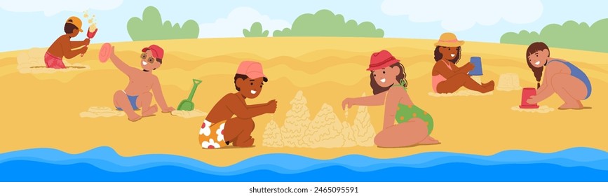 Diverse Children Characters Engage In Joyful Beach Activities, Building Sand Castles And Playing With Sand Toys On A Sunny Day, Capturing The Essence Of Summer Fun And Childhood Adventures, Vector