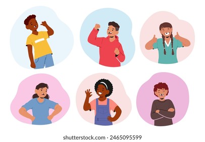 Diverse Children Characters Show Off their Missing Milk Tooth, Displaying A Range Of Emotions And Poses, From Cheerful And Laughing To Thoughtful And Confident. Cartoon People Vector Illustration