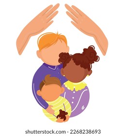 Diverse children of different nationality hug each other together vector isolated illustration.Children's day concept baner,poster template.kids with mother's hands over them flat modern illustration