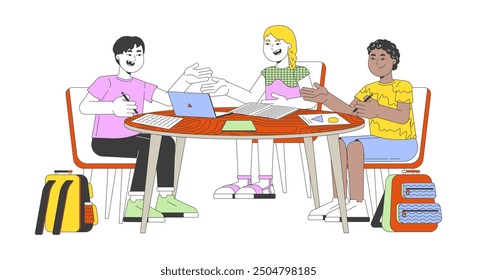 Diverse children discussing project 2D cartoon characters. Schoolchildren doing homework together isolated flat vector people white background. Pre-school classmates color spot illustration