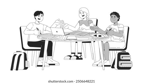 Diverse children discussing project black and white 2D line cartoon characters. Schoolchildren doing homework together isolated vector outline people. School classmates monochromatic spot illustration