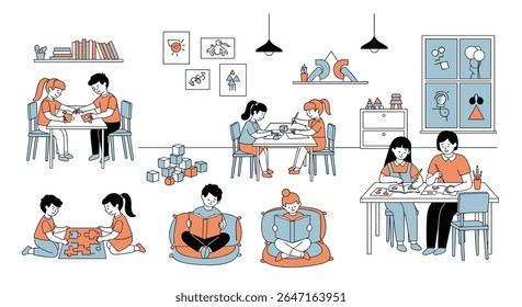 Diversas Crianças Envolvidas Em Várias Atividades Educacionais Em Conjunto