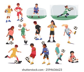 Diverse children football players little cartoon characters wearing sports uniform enjoying game time isolated set on white background. Active happy kids soccer personage hobby vector illustration