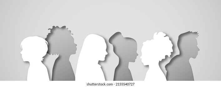 Diverse children group illustration in abstract layered paper cut style. Kid team silhouette for school student or education concept. Modern 3D child people crowd papercut design.