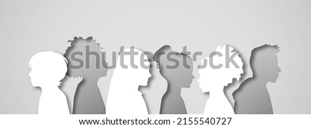 Diverse children group illustration in abstract layered paper cut style. Kid team silhouette for school student or education concept. Modern 3D child people crowd papercut design.