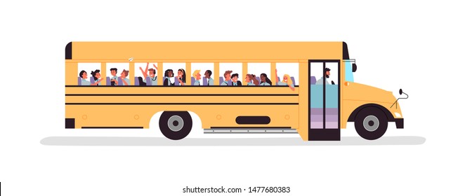 Diverse children group inside schoolbus for back to school concept or educational field trip with elementary students. Flat cartoon character kids on isolated white background.