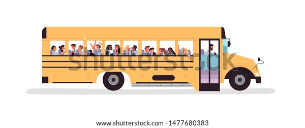 Diverse\
children group inside schoolbus for back to school concept or\
educational field trip with elementary students. Flat cartoon\
character kids on isolated white\
background.