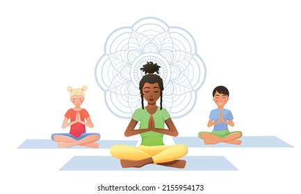 diverse children with instructor on meditation mat in lotus position doing yoga