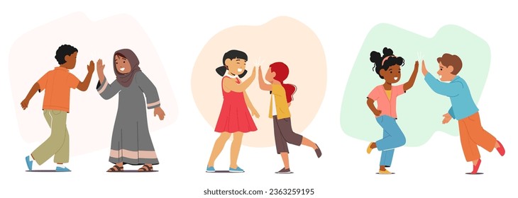 Diverse Children Joyfully Share A High Five, Their Hands Meeting In A Celebratory Gesture Of Camaraderie, Triumph, And Friendship, Encapsulating The Spirit Of Youthful Enthusiasm And Connection Vector