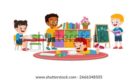 Diverse Children Learning and Reading Together in a Classroom with Books and Blackboard