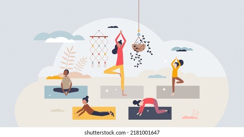 Diverse children meditating indoors with stretching tiny person concept. Teacher helps multiracial kids group to be active, healthy and happy with body yoga and fitness elements vector illustration.