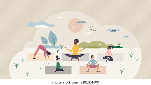 Diverse children meditation outdoors with stretching tiny person concept. Body and mind activity for kids wellness and harmony vector illustration. Multiracial kids group doing healthy sport together.