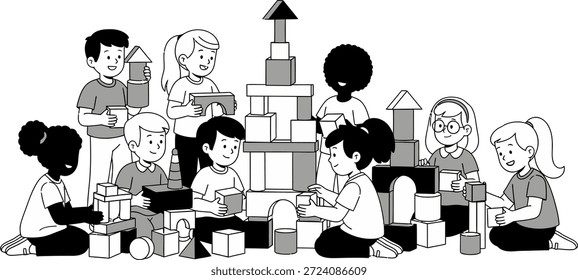 Diversas crianças brincando com blocos de construção ilustração, educação pré-escolar vetor.