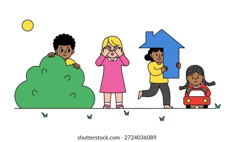 Crianças diversas brincando de esconde-esconde e jogos ao ar livre ilustração.