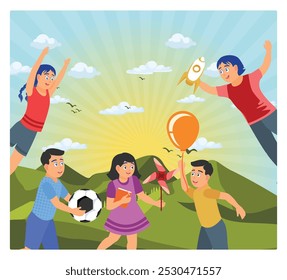 Diverse children playing together outdoors. Bright natural landscape background. Children's Day concept. Flat vector illustration.