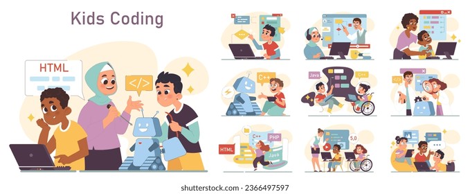 Diverse children programming set. Computer science, AI, game technologies and robotics for kids. Web, apps and software development practice. Flat vector illustration