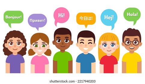 Diverse Children Saying Hi In Different Languages. Cute Cartoon Style Drawing. Language Learning And International Education Vector Illustration.