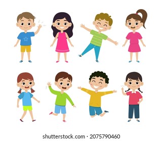 Diverse children set. Cute and funny kids isolated on white background. Collection of kids in different poses, clothes. Kids fun emotions and gestures. Vector illustration in flat style