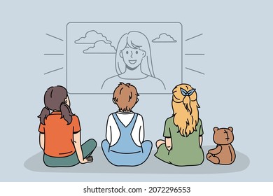 Diverse Children Sit In Front Of TV Watch Movie Or Cartoon At Home Together. Small Kids Enjoy Television Film Or Program On Weekend. Entertainment, Childhood Concept. Flat Vector Illustration. 