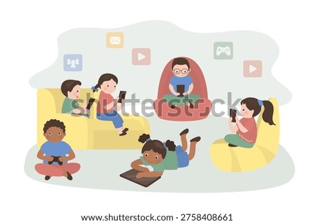 Diverse children sit in room, focused on various gadgets like tablets, cellphones and joystick. Children not communicate, but addicted to gadgets. Modern leisure and digital immersion in cozy setting.