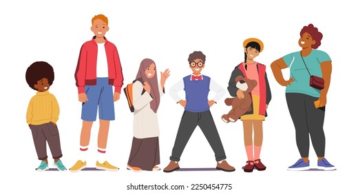 Hay varios niños en fila, niñas y niños de diferentes razas y edades, niños multirraciales y multiculturales, adolescentes o adolescentes personajes masculinos y femeninos. Ilustración de vectores de personas de caricatura