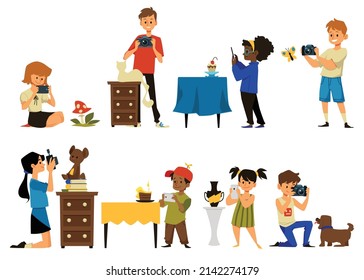 Diverse children taking pictures with camera and mobile phone, flat vector illustration isolated on white background. Set of kids characters and photography hobby.