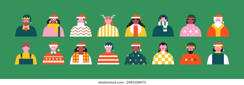 Diverse christmas people portrait illustration set. Colorful xmas celebration flat cartoon avatar element collection. Geometric style funny winter season group, festive holiday character team.