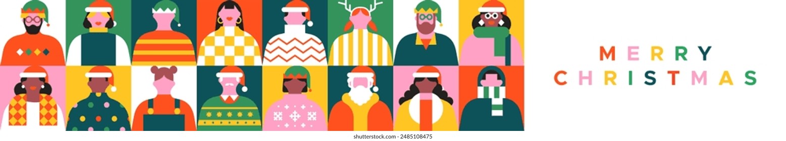 Diverse christmas people web banner illustration. Colorful xmas party celebration flat cartoon invitation design. Geometric style funny winter season group, holiday character greeting card.