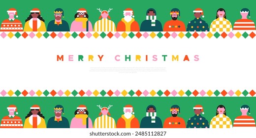 Diverse christmas people web template illustration. Colorful xmas party celebration flat cartoon invitation banner. Geometric style funny winter season group, holiday character greeting card.