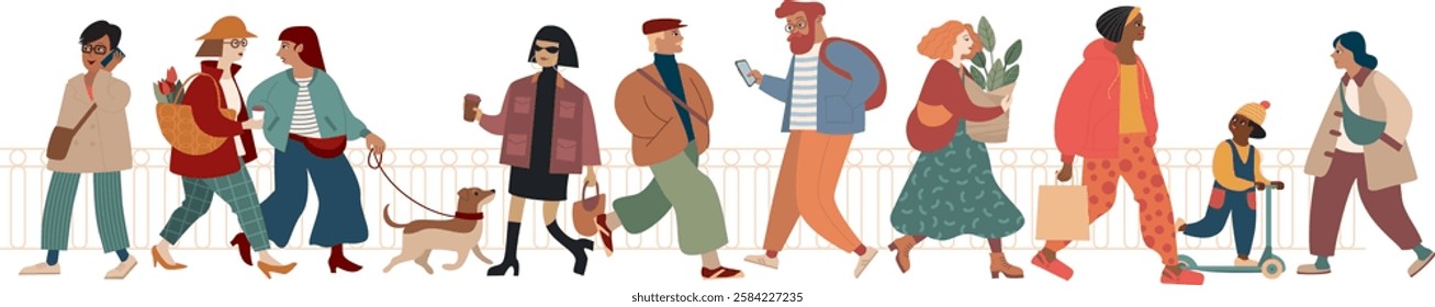 Diverse city people walking on the street, modern urban lifestyle, stylish pedestrians, shopping, coffee, phone, scooter. Flat vector illustration