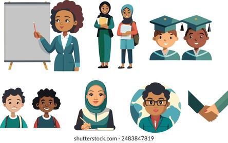 A diverse classroom scene with a female teacher at a whiteboard, students of various ethnicities, including two in hijabs, two boys in graduation caps, younger boys with backpacks, and more