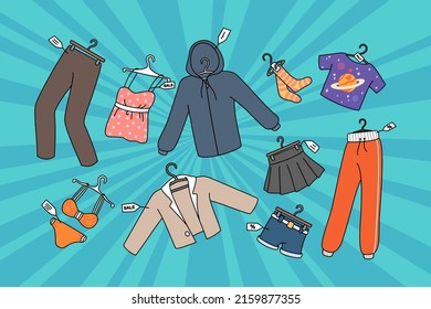 Diverse clothing pieces with discount prices on seasonal sale in shop. Selling fashion garment on promotion or reduced price deals. Stock apparel with tags. Flat vector illustration. 