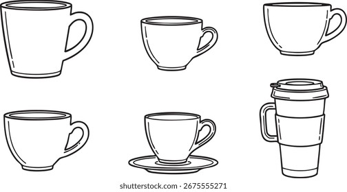 Coleção de vetor de contorno de xícara de chá e café diversificado