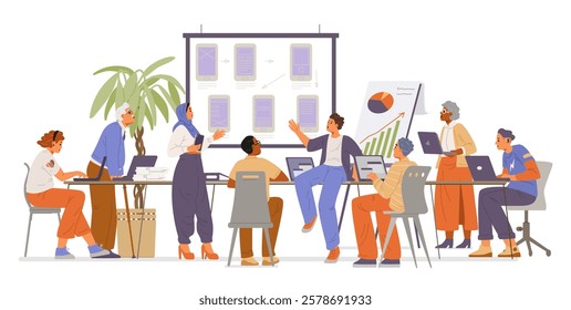 Diverse colleagues of different age, gender and ethnicity on a meeting in the office flat vector illustration isolated on white. Inclusive workplace concept.