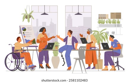 Diverse colleagues of different age, gender, ethnicity, with disabilities on a business meeting in the office flat vector illustration. Inclusive workplace concept.