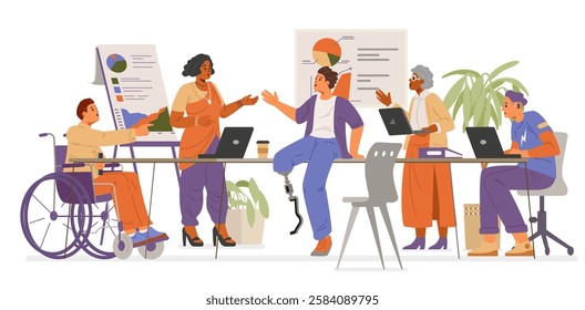 Diverse colleagues of different age, gender, ethnicity, with disabilities on a business meeting flat vector illustration isolated on white. Inclusive workplace concept.