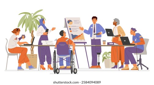 Diverse colleagues of different age, gender, ethnicity, with disabilities on a meeting flat vector illustration isolated on white. Inclusive workplace concept.