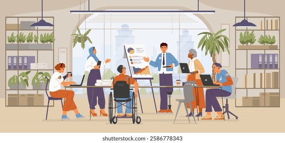 Diverse colleagues of different age, gender, ethnicity, with disabilities on a meeting in the open space office flat vector illustration. Inclusive workplace concept.