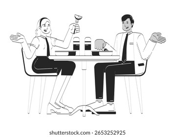 Diversos colegas almoço quebrar juntos doodle ilustração lineart. Hora do almoço no local da cantina. Equipe ligando caracteres de tinta de linha 2D isolados em branco. Vetor monocromático desenhado à mão