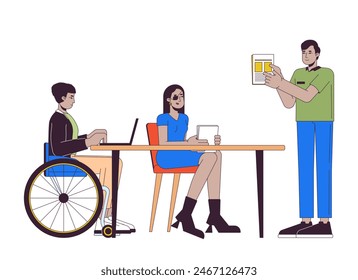 Diverse colleagues in office 2D linear cartoon characters. Supporting employees with disabilities at work isolated line vector people white background. Corporate culture color flat spot illustration