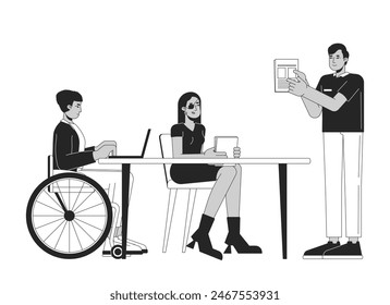 Diverse colleagues in office black and white 2D line cartoon characters. Supporting employees with disabilities at work isolated vector outline people. Corporate monochromatic flat spot illustration