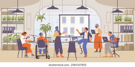Diverse colleagues on business meeting working on app development in open space office flat vector illustration. People of different age, ethnicity, with disabilities working together. 