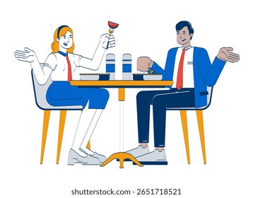 Diversos colegas no almoço quebram juntos a ilustração do desenho animado do doodle. Hora do almoço no local da cantina. Equipe ligando personagens planos 2D isolados em branco. Doodleart desenho à mão colorido