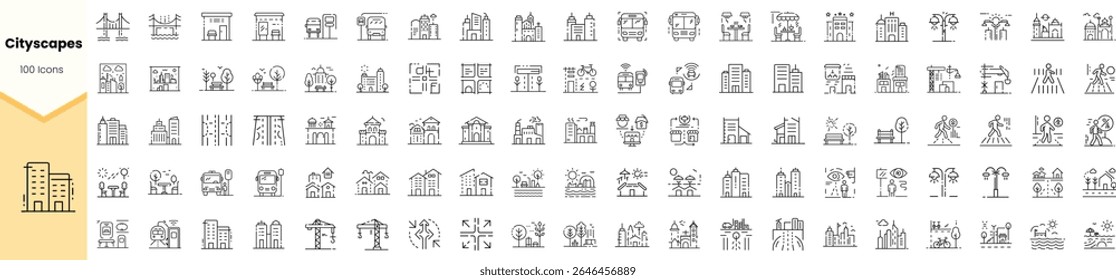 A diverse collection of 100 cityscape icons, featuring buildings, nature elements, and urban activities, perfect for urban design projects.