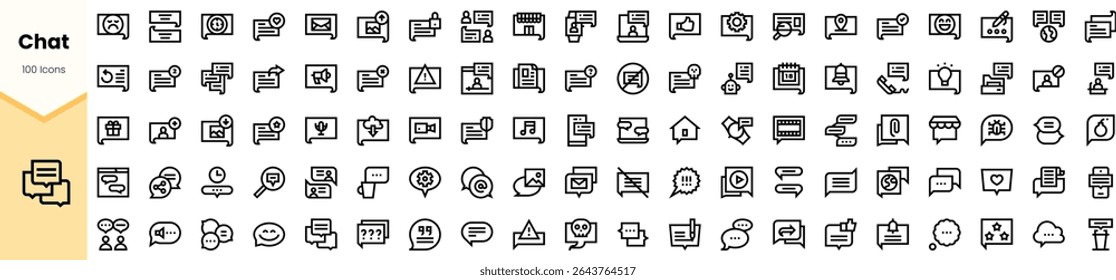 A diverse collection of 100 minimalist chat icons, featuring various communication symbols including messages, notifications, and social media elements in a monochrome design.