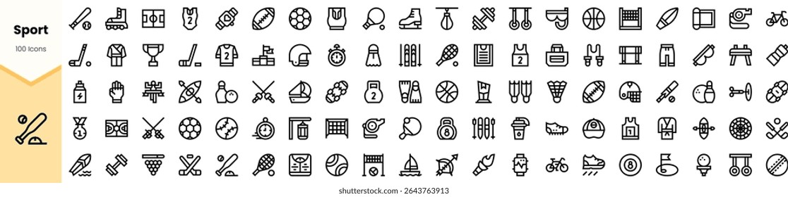 A diverse collection of 100 sports icons, featuring various activities like soccer, basketball, and tennis, designed in a sleek, minimalist black line style.