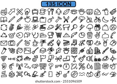 A diverse collection of 135 hand-drawn doodle icons. These versatile icons cover a wide range of topics, from everyday objects and nature elements to more abstract concepts. 