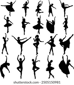 A diverse collection of 20 elegant and dynamic female ballet dancer silhouettes in various poses. transparent background. eps10. 