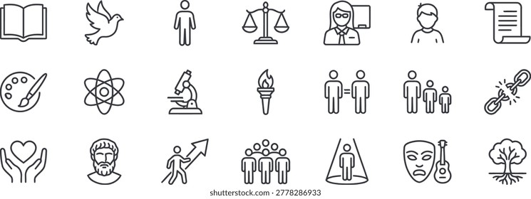 A diverse collection of 21 minimalist outline icons representing the core values of humanism, secularism, and social progress. This set features symbolic imagery for justice, peace, and freedom, alongside academic icons for science, literature, and philosophy. It includes concepts such as human rights equality, individual growth, community support, and the arts. Perfect for educational materials, non-profit organizations, philosophical discussions, and social justice campaigns focusing on human dignity and rationalism.